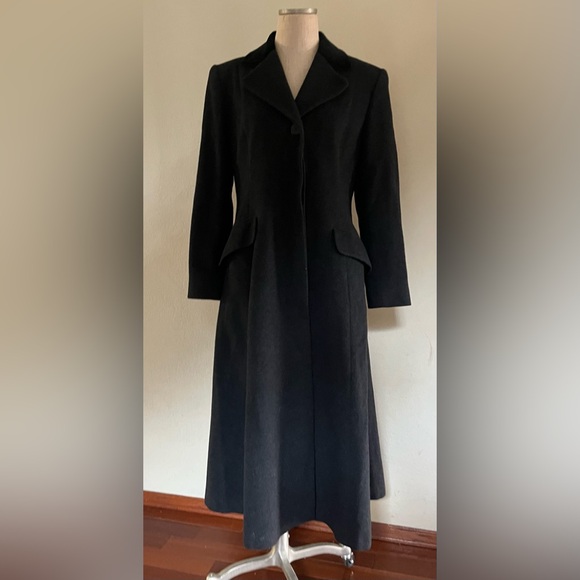 Anne Klein II Vintage Black Merino Wool and Angora Women’s Long Trench Pea Coat - Picture 1 of 12